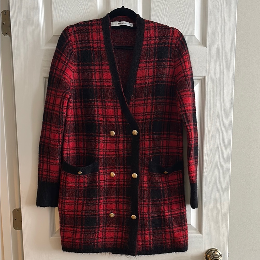 Zara Red and Black Plaid Blazer